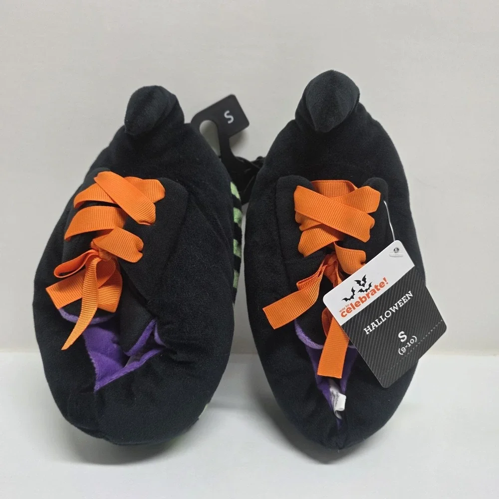 Halloween Witch Slippers Kids Size S 9-10 Black Orange Laces Pointed Toe New‎